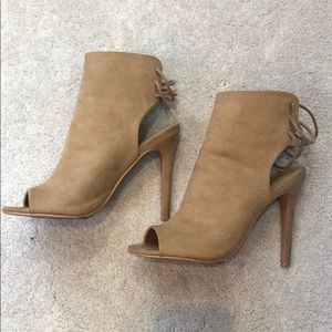 Beige open toe lace up booties